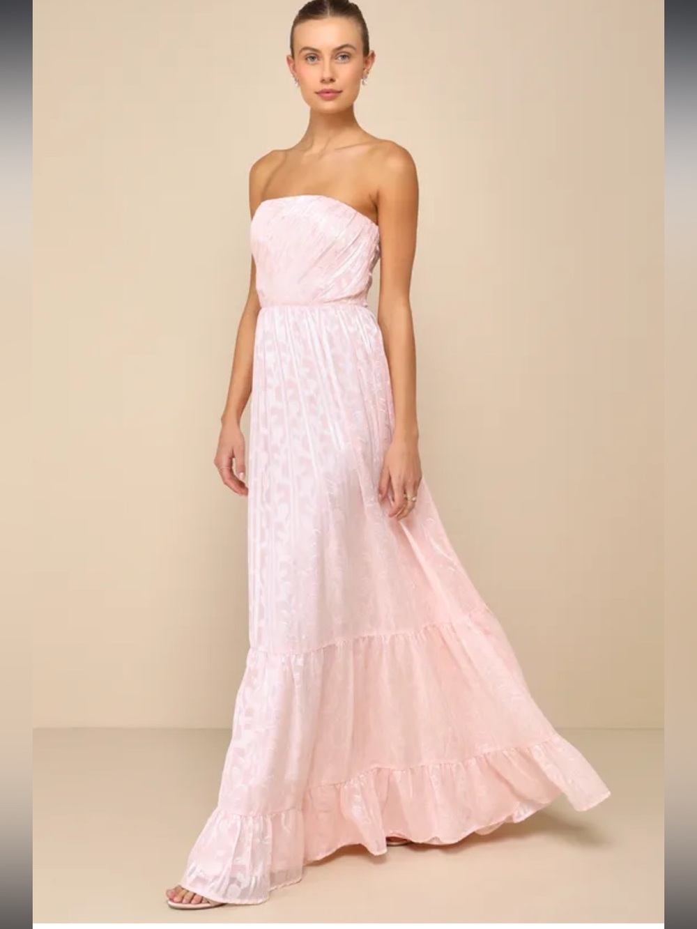 LULU'S Adorably Elegant Blush Pink Jacquard Floral Tiered Maxi Dress Gown Formal